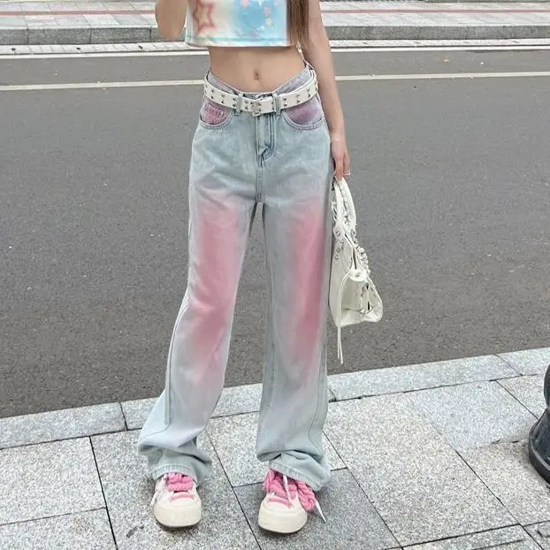 Wash Water Vintage Jeans Women's Graffiti Small Crowd Wide Leg Floor Dragging Y2k Baggy Pants Loose  High Waisted