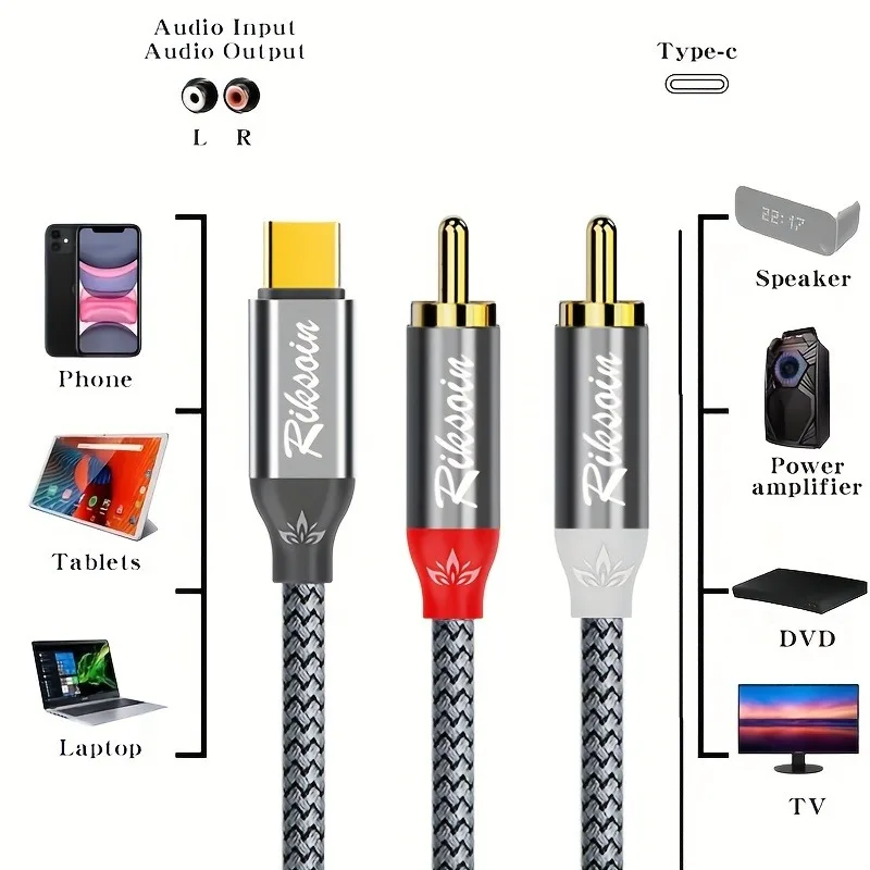 Premium USB-C to 2RCA Audio Adapter with Gold-Plated Connectors for Enhanced Sound Quality