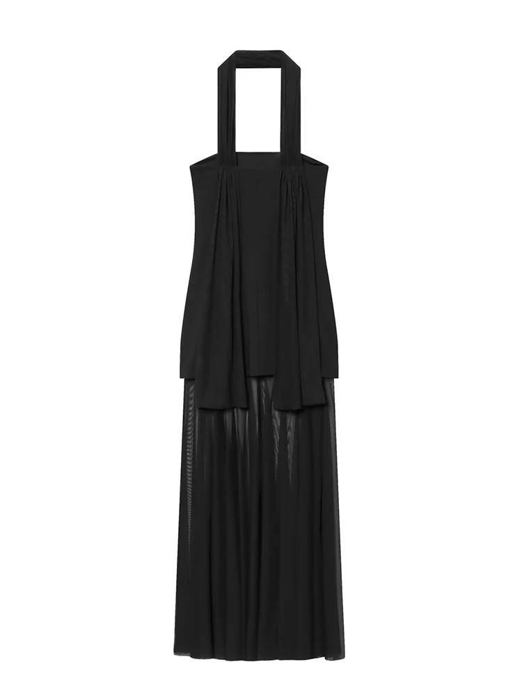 Women's Solid Mesh Spliced Long Dress Fashion Strapless Sexy See Through Slim Fit Sleeveless Party Wear 2026 New Elegant