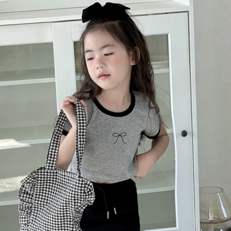 

T-shirt Princess Girls Summer Sweet Bow Knot Printing Short Tops Baby 2024 Childrens Clothing Round Collar Simple Lovely