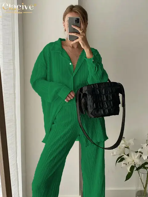 Clacive Causal Loose Home Suit Autumn Long Sleeve Blouse With High Wasit Pants Set Women Elegant Pleated Beige 2 Piece Pant Sets Drak Green Sets