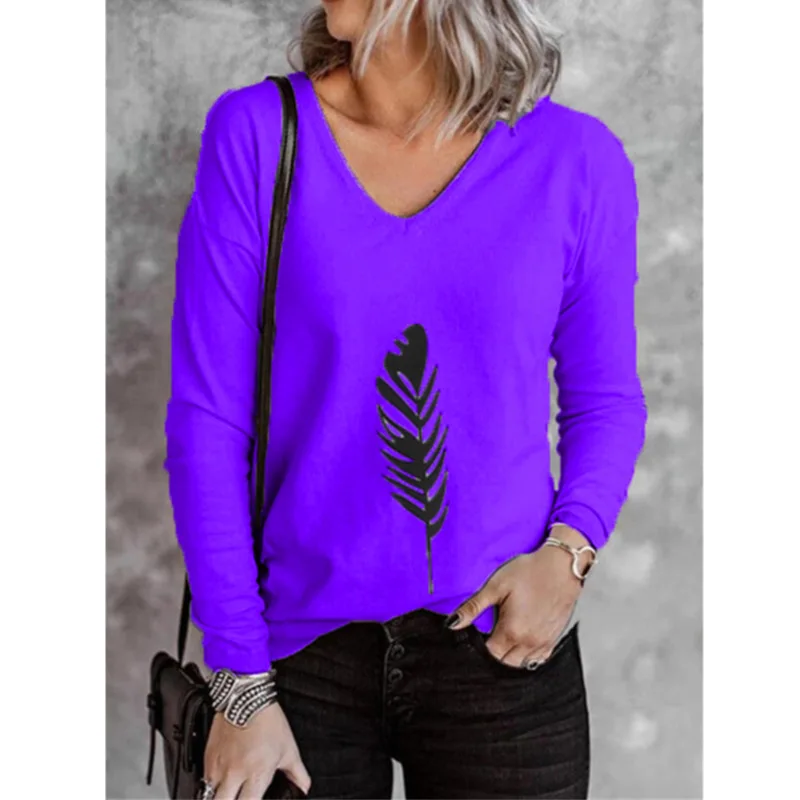 

Women Long Sleeve Grass Printing Graphic T-shirt 5 Colors Fashion V-Neck Casual Tops Streetwear Basic All-match Oversize Clothes