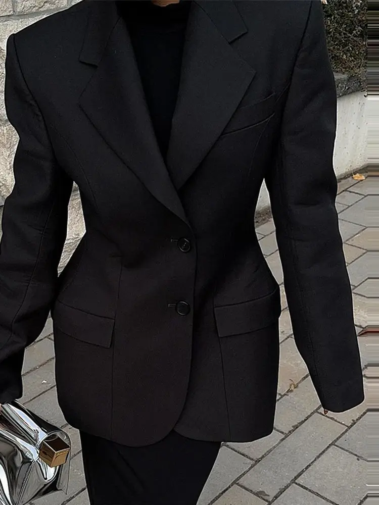 Elegant Solid Slim Blazer Jacket Women Long Sleeve Lapel Shoulder Pads Single Breasted Coat 2025 Spring Lady Office Outwear 5