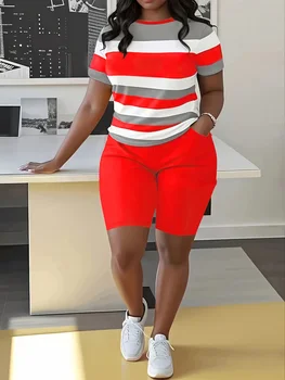 Trendy Plus Size Women's Two Piece Set Striped Short Sleeve Top and High Waist Shorts Casual Outfit 1