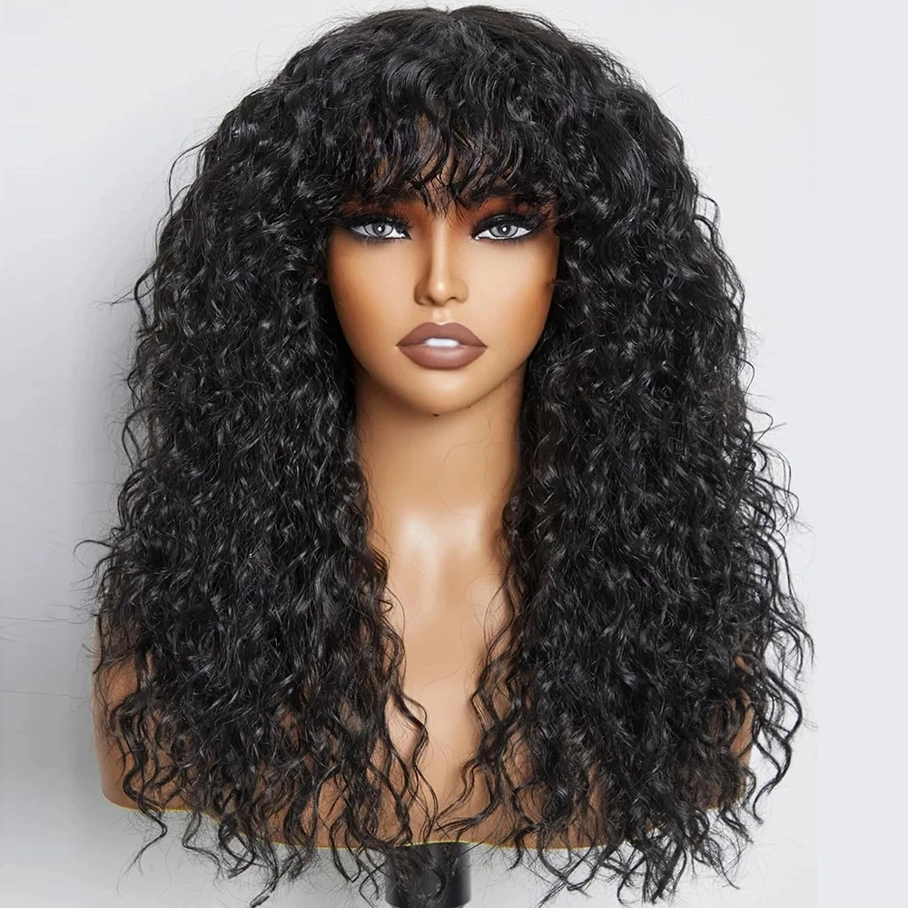 Long Water Wave Wigs For Black Women Malaysian Curly Human Hair Wigs With Bangs Full Machine Made Wigs Cheap Remy Human Hair Wig