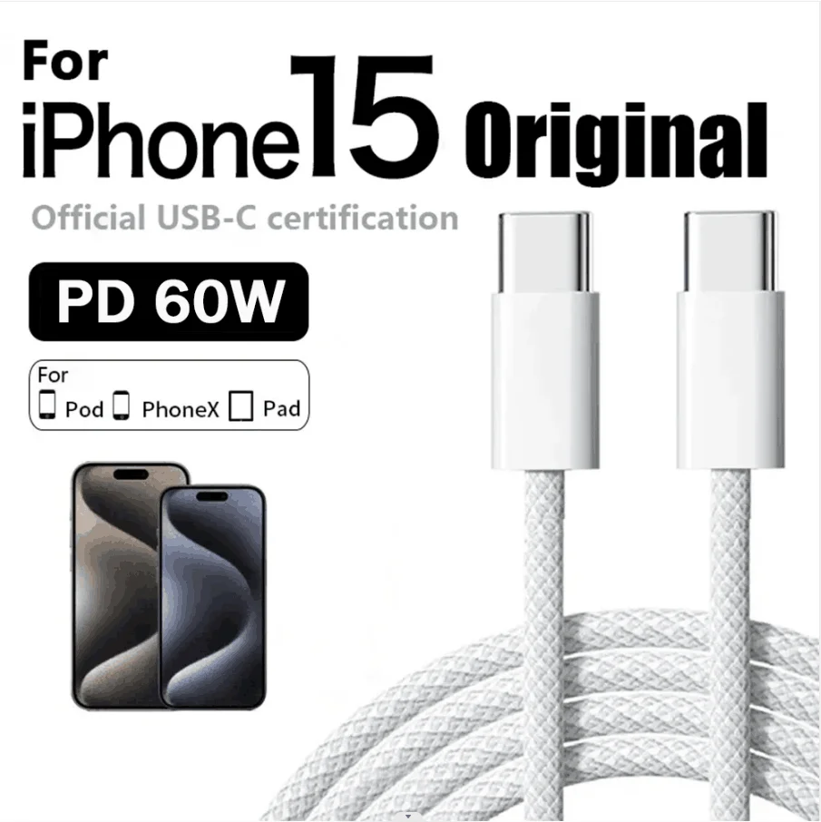 Оригинальное быстрое зарядное устройство PD 60 Вт 6A USB C к кабелю типа C для Apple iPhone 15 Pro MAX Быстрая зарядка для Huawei Samsung Xiaomi кабель