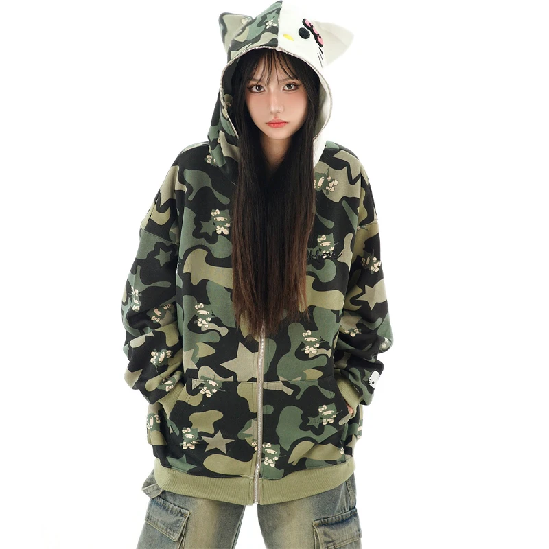 

Kawaii Sanrio Hello Kitty Jacket Cartoon Animation Cute Ears KT Full Print Camouflage Hooded Sweater Women's Zipper Cardigan