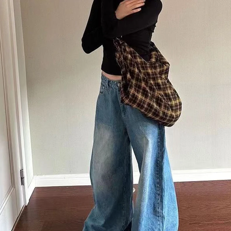 Korean Fashion Vintage Plaid Handbags Women Harajuku Tote Bags Casual Y2k Aesthetic Bags Korean Outfits Travel Bag