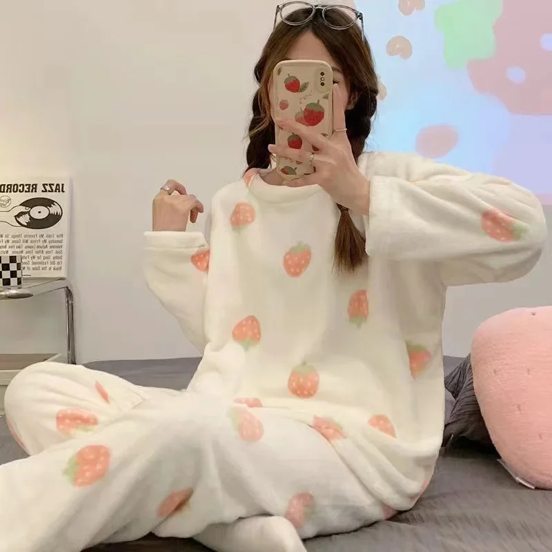 Warm Sleepwear for Winter thickened Plus Size Coral Velvet Pajamas Women Warm Long Sleeve Solid Color Plaid Trousers Home Suit