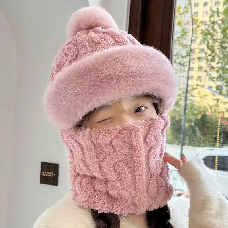 Winter Scarf Set Hooded Hat Set Women Thick Plush Neck Warm Outdoor Skiing Caps Windproof Plush Hat Plush Fluffy Beanies