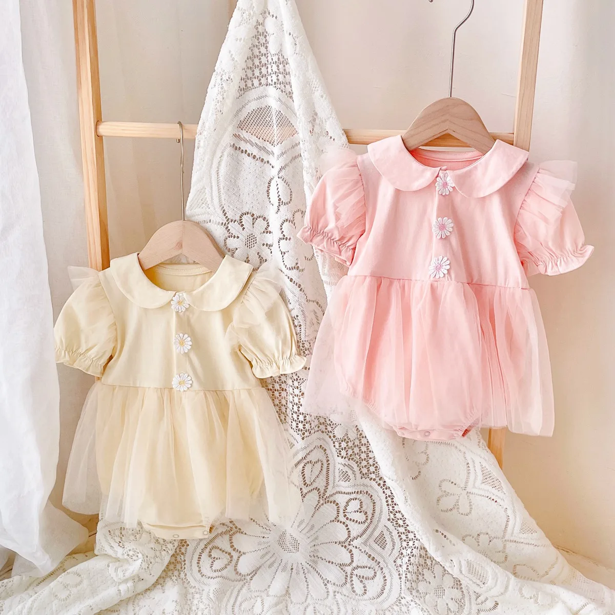 

GIRLS' FAIRY HAMMER BODYSUIT SMALL FLOWER Short Sleeve Creeper Clothes Mesh Wrap Bottom Clothes Baby Summer Clothes