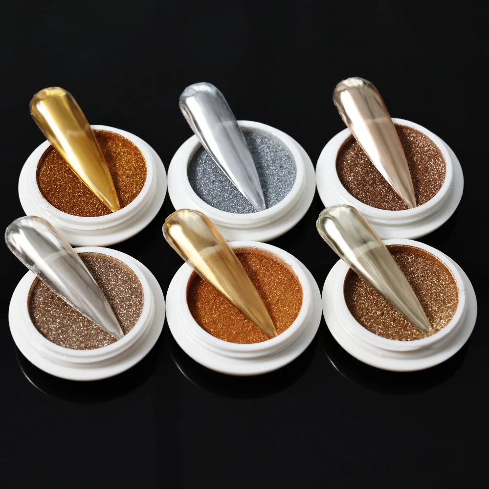 6Colors Metallic Mirror Chrome Nail Powder Set Gold Silver Antique Copper Glitter Pigment Shiny Magic Mirror Effect Rubbing Dust