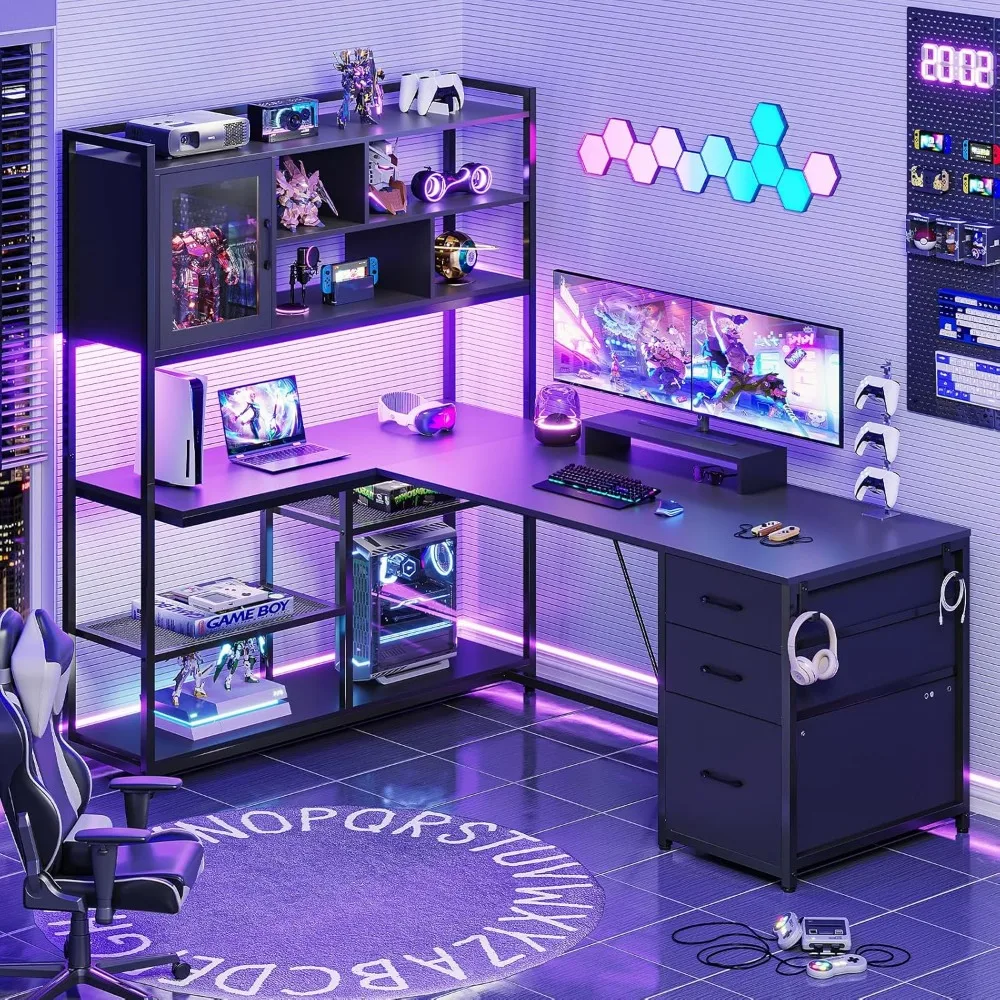 L Shaped Computer Desk, 58'' Office Desk with 3 Drawers and Bookshelf, L Shaped Corner Desk with Storage Shelves and LED Light 2