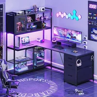 L Shaped Computer Desk, 58'' Office Desk with 3 Drawers and Bookshelf, L Shaped Corner Desk with Storage Shelves and LED Light 2