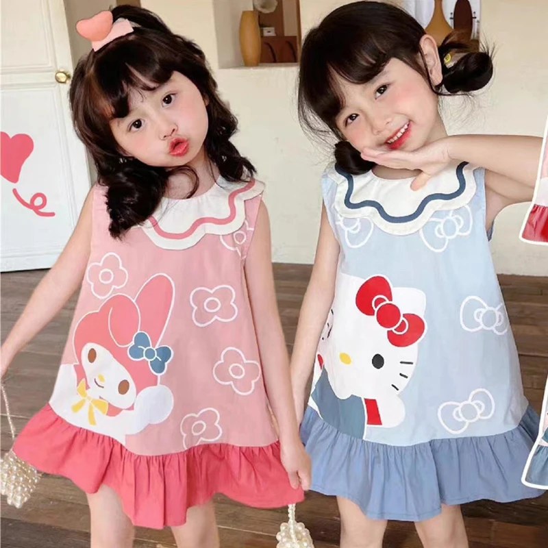 

Кавайное аниме Sanrioed Kuromi Hellokitty Cinnamoroll My Melody платье для девочки с коротким рукавом платье принцессы милое платье на бретелях