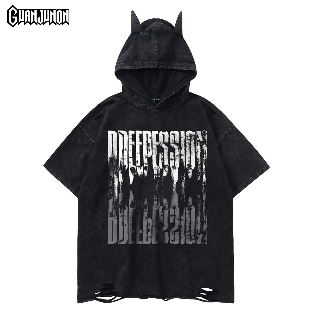 

Hooded T Shirt for Men Oversized T-shirt Cotton Tee Hole Print Gym Clothing Men Camisetas Hip Hop Streetwear Y2k Kanye Berserk