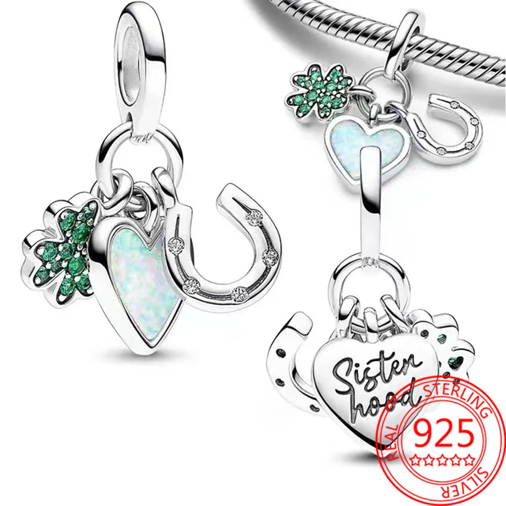 

Original 925 Sterling Silver Four-leaf Clover & Heart Shape & Horseshoe Triple Dangle Charm Fit Pandora Bracelet Girl Lucky Gift