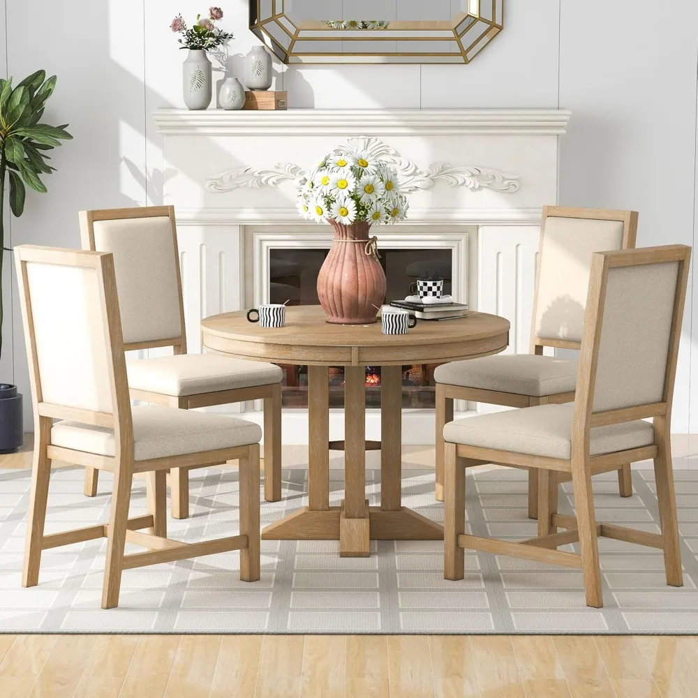 5-Piece Dining Sets, Farmhouse Kitchen Table Set-Extendable Round Table and 4 Upholstered Chairs for Kitchen, Living Room