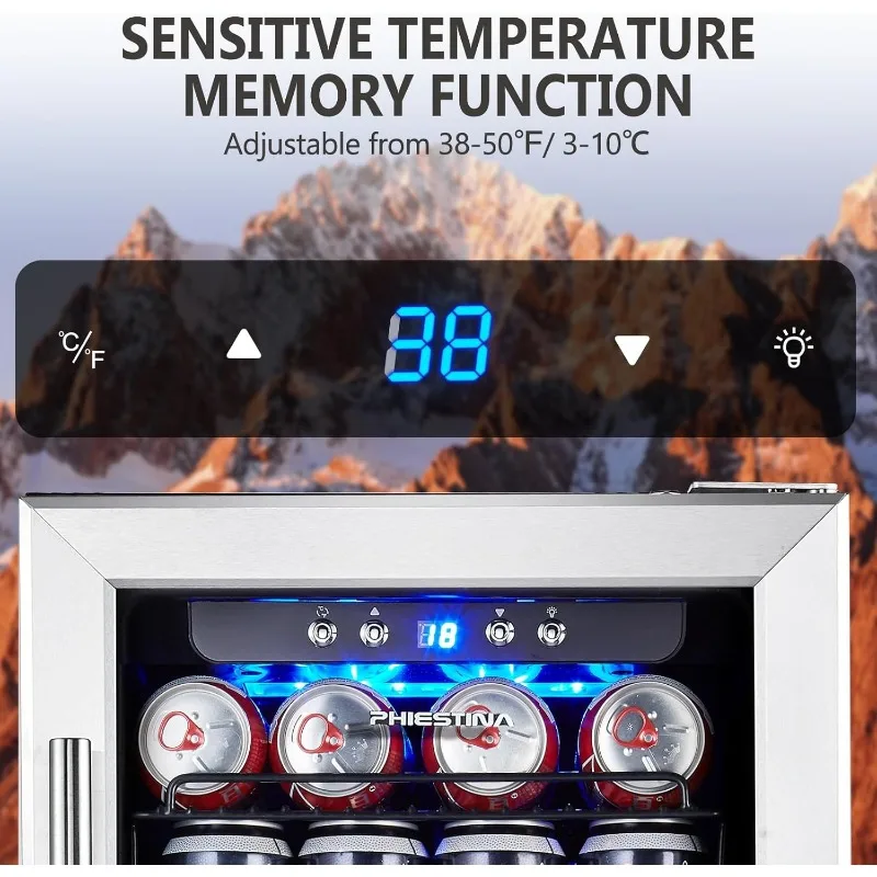 Beverage Refrigerator,15 Inch 96 Cans Beverage Cooler Small Wine Fridge Built-in or Freestanding with Auto Defrost,Glass Door 3