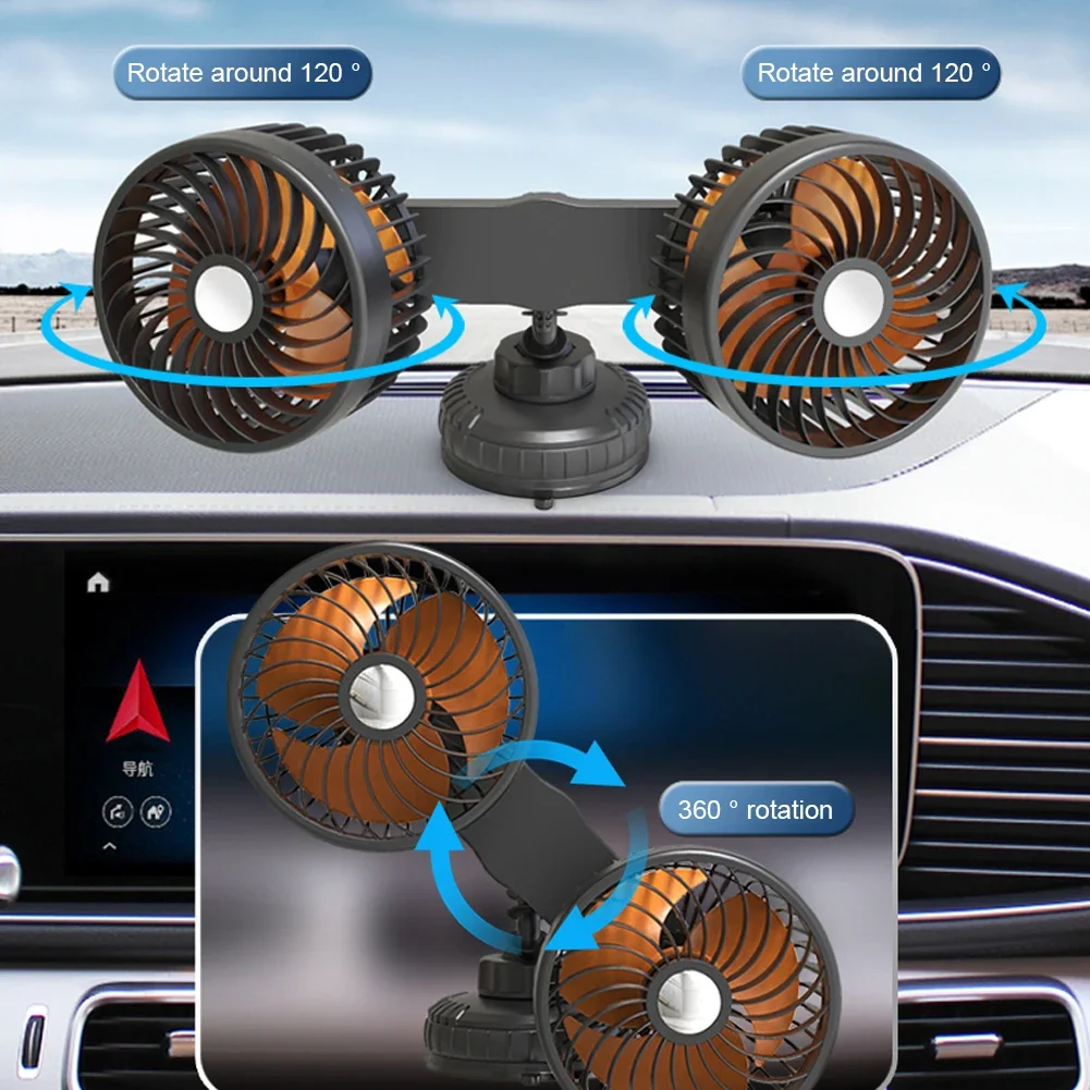 Car Cooling Fan USB Charging Auto Ventilation Fan Dual Head Electric Car Cooler 360 Degree Rotation Three Gears for Vehicle SUV