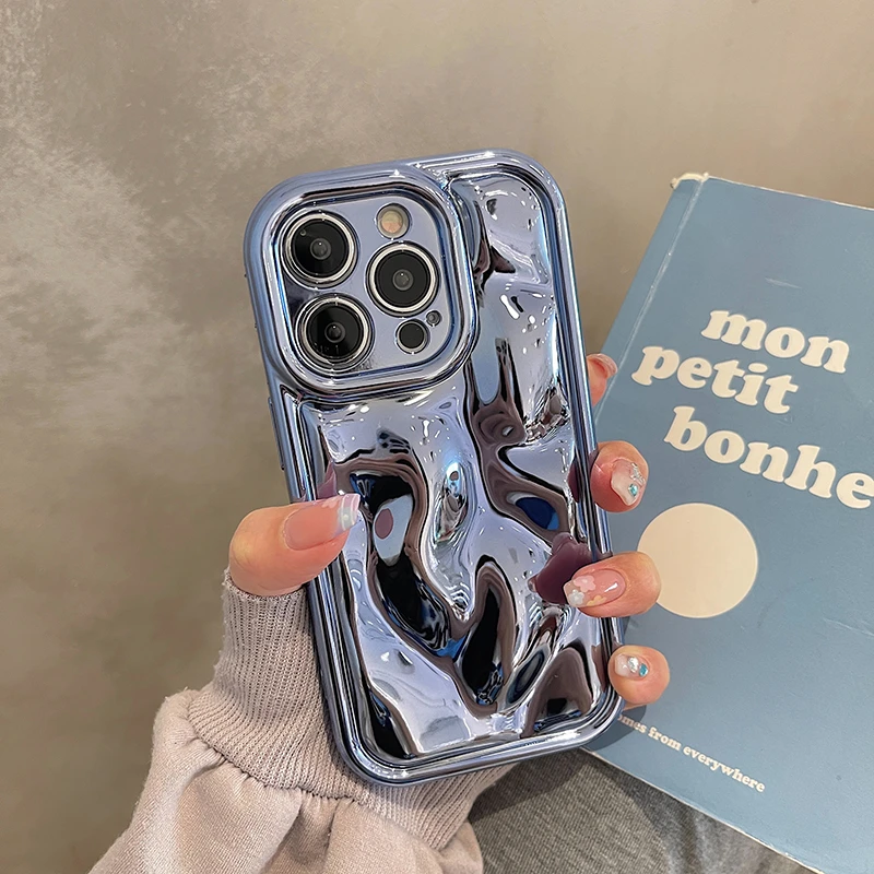 Glossy 3D Meteorite Texture Plating Silver Phone Case For iPhone 14 13 12 15 Pro Max 11 Camera Protective Metal Color Back Cover