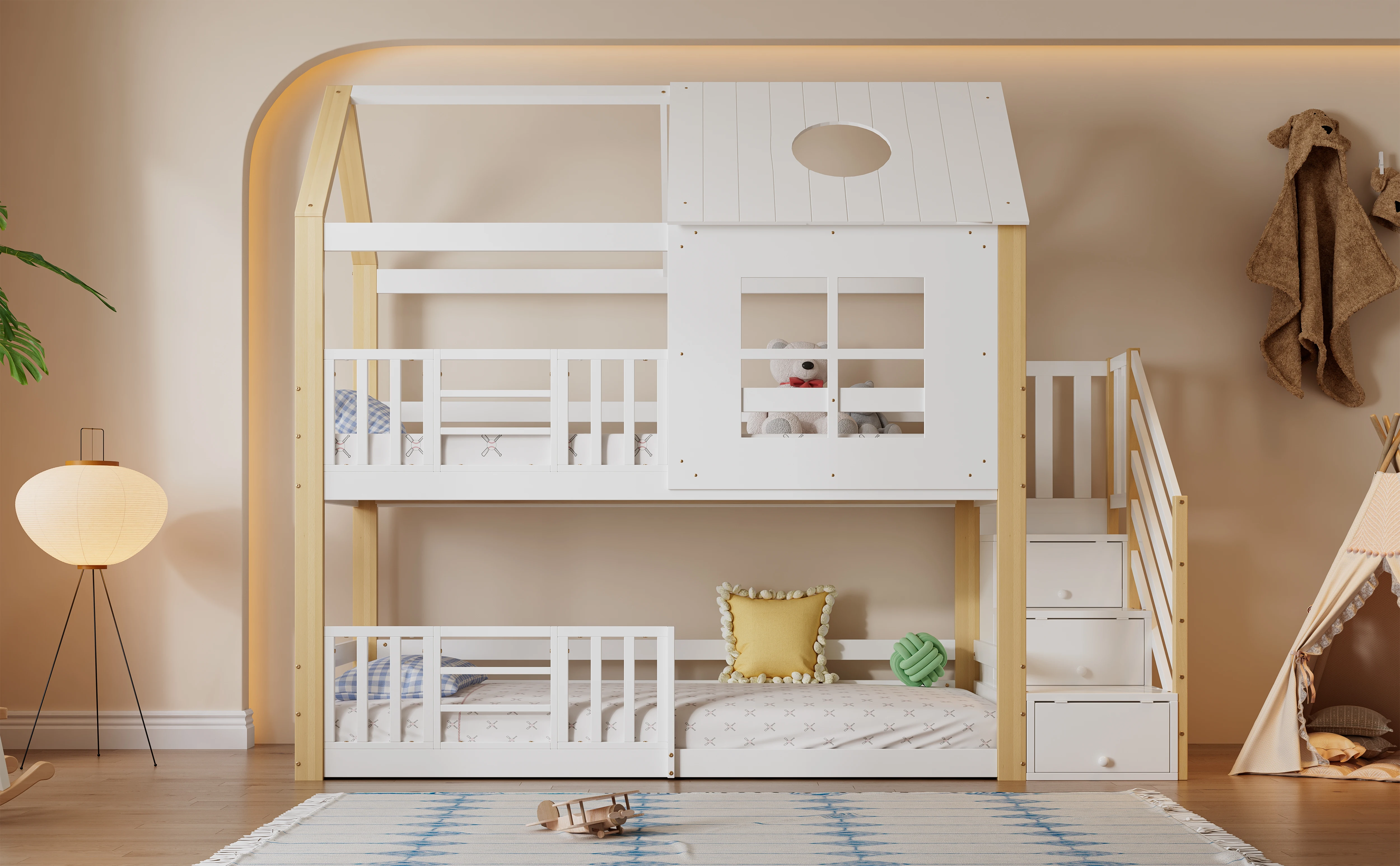 90 x 200 cm großes Etagenbett aus Kiefernholz und MDF – mit Stauraumtreppe, Fallschirmgitter, Fenster- und Dachdesign, weiß und natürliches Finish für Schlafzimmer – Detail 1
