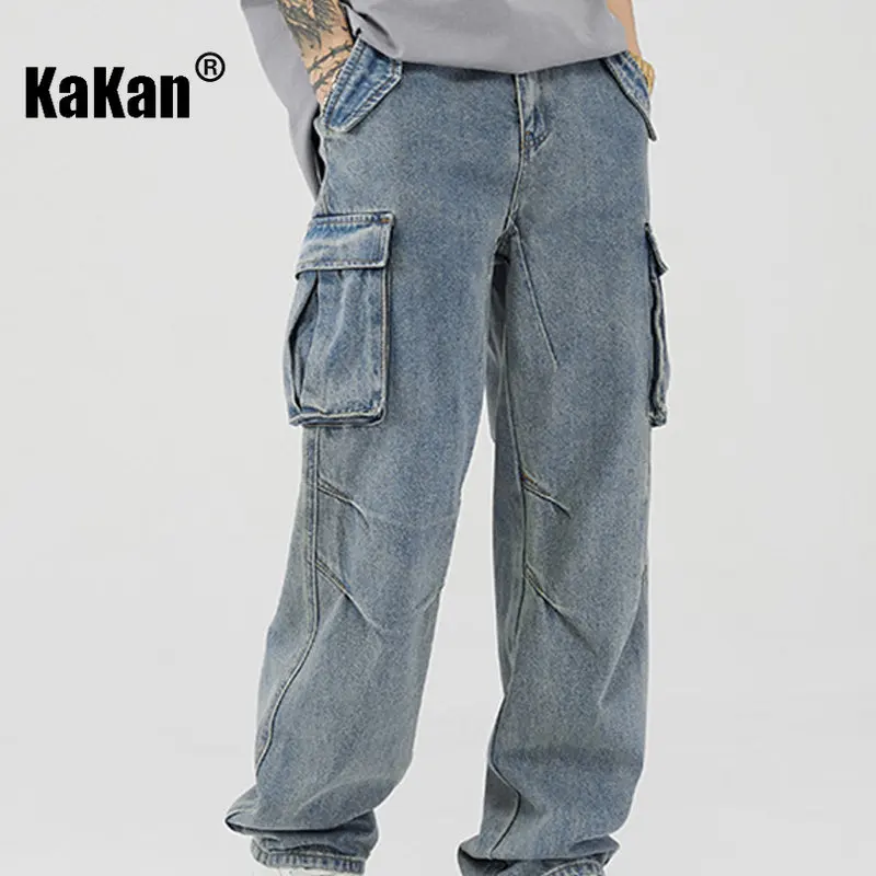 Kakan - New High Street Vintage Wash Jeans for Men, Multi Pocket Loose Straight Leg Wide Leg Long Jeans K24-ZLJZT0005