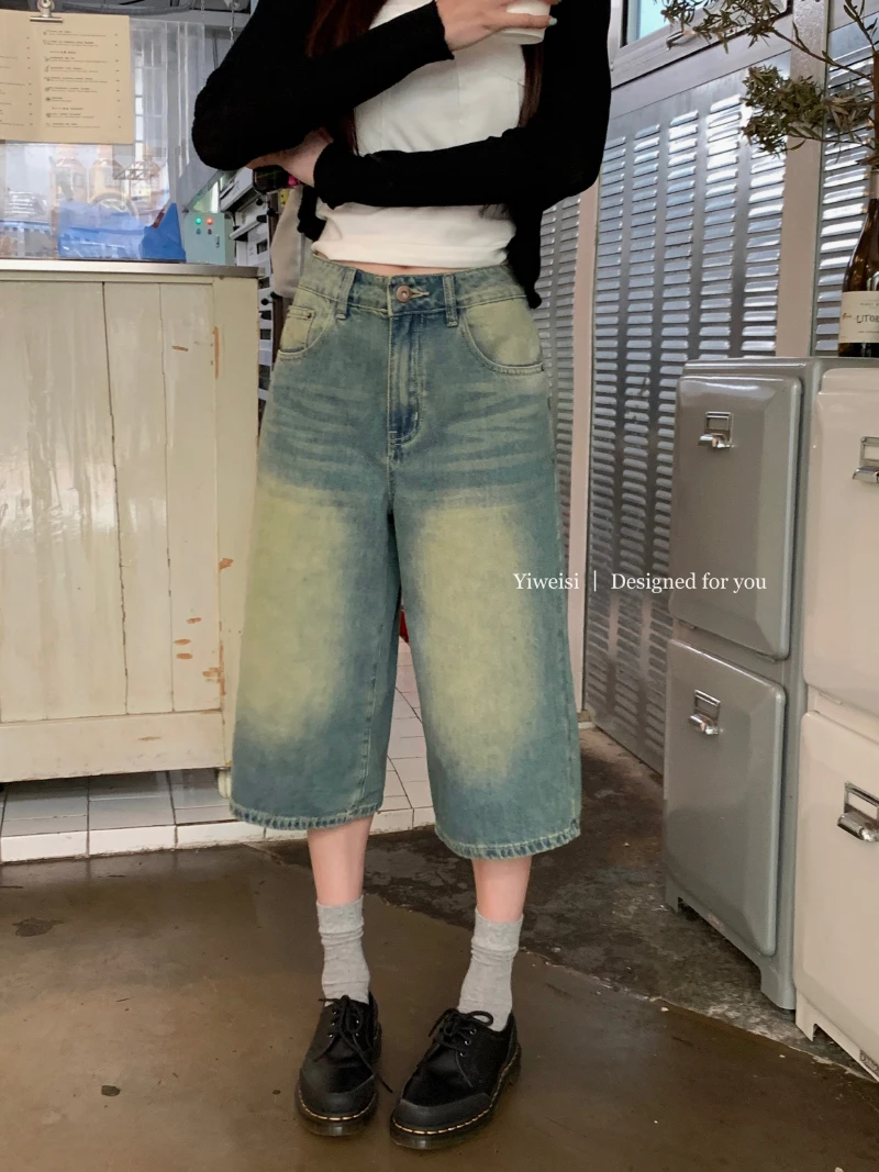 

Slergiri Summer Washed Retro Cropped Jeans For Women Korean Fashion Loose High Waisted Streetwear Do old Wide-leg Denim Pants