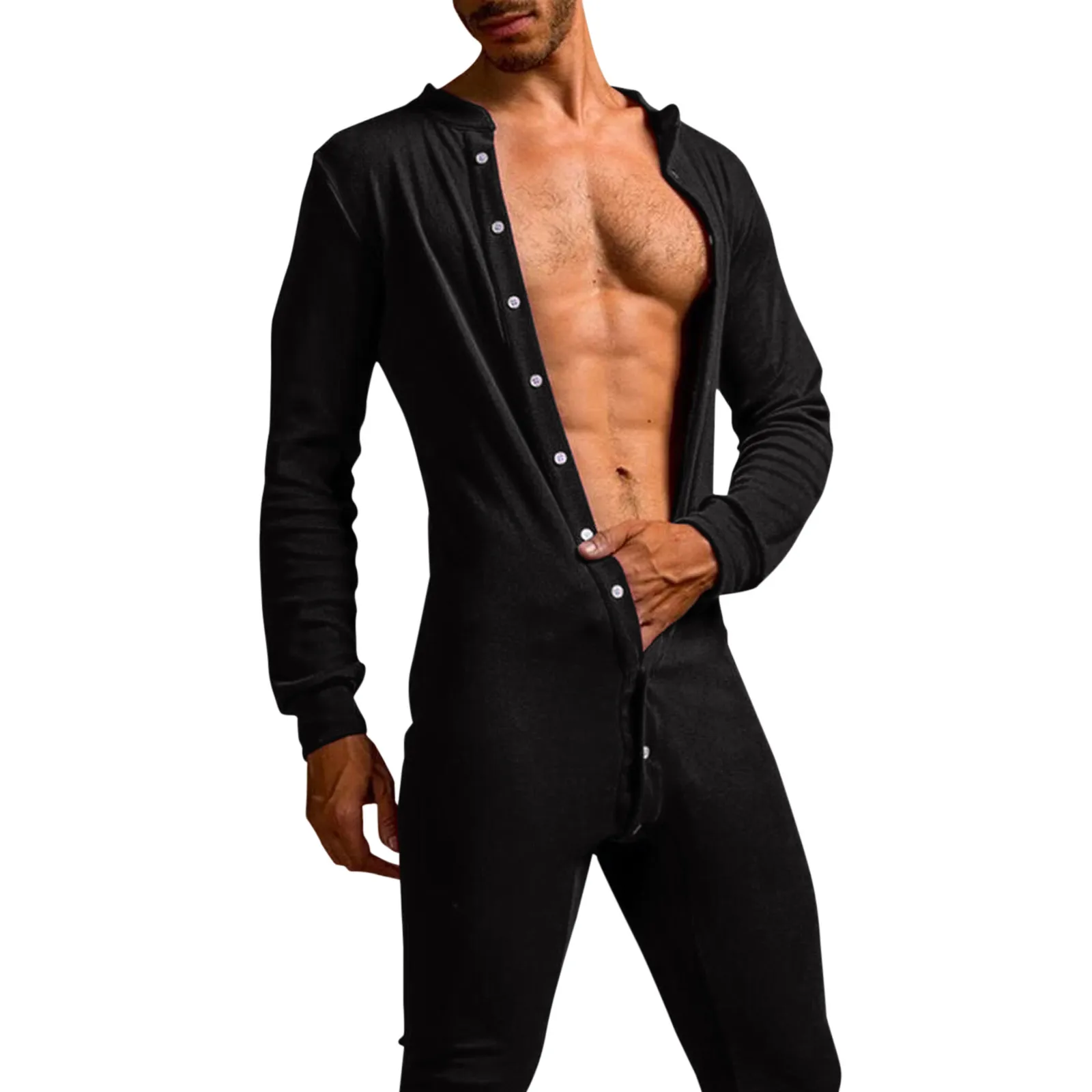 Mens Onesie Pijama Bodysuit Front Open Button Functional Buttoned Sexy Adults Jumpsuit Adult Long Sleeve Warm Home Wear Male