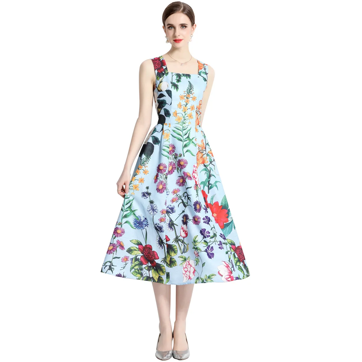 

Summer Loose Dress For Women Square Collar Sleeveless High Waist Print Colorblock Suspender Formal Gown Fashion Luxury A-line