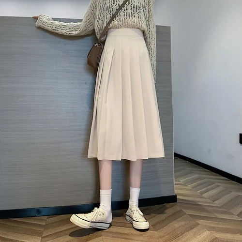Black Pleated Skirt Half-length Skirt Female Autumn 2022 New Style Korean Skirt High Waist Women's Skirts Apricot