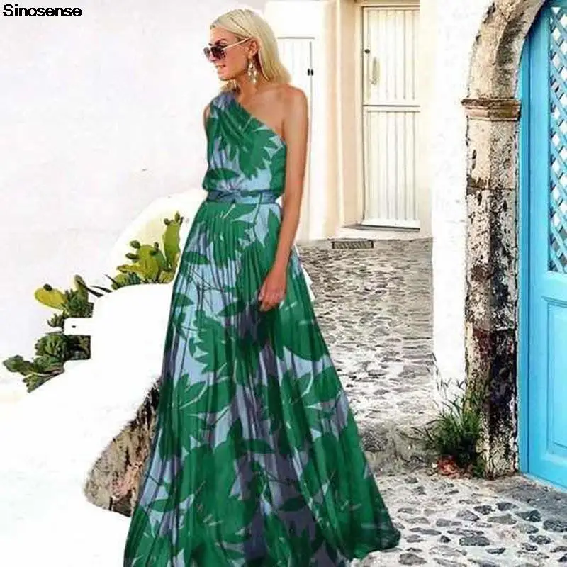

Women Elegant Evening Dresses Sexy One Shoilder A Line Summer Long Dress Freen Leaves Print Flowy Party Cocktail Maxi Dress