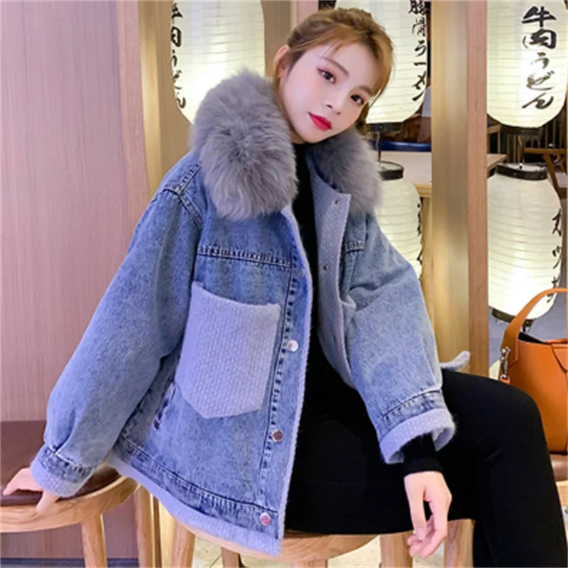 Fashion Big Wool Collar Plus Velvet Denim Women Autumn Winter 2022 New Korean Version of Thick Stitching Cotton Coat Female Coat