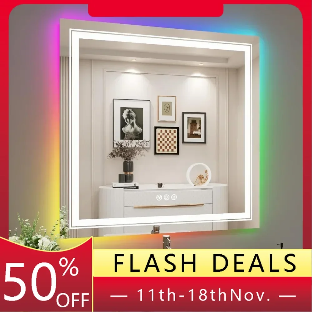 38&rdquo;X38&ldquo; LED Bathroom Mirror with Lights, Anti Fog Mirror with RGB Backlit Bathroom, Dimmable Smart Lighted Bathroom