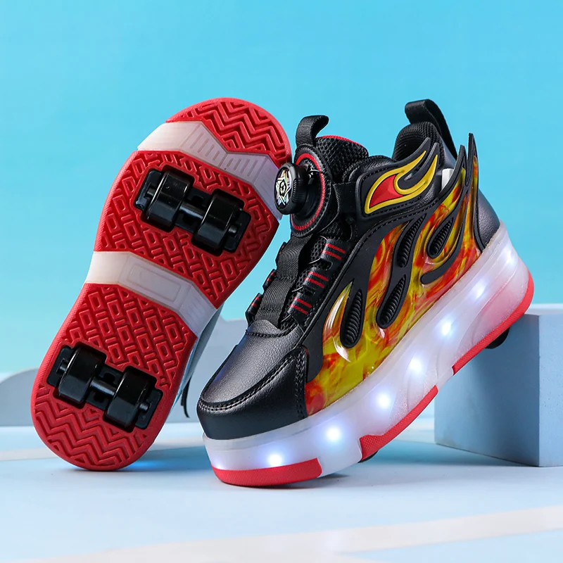 New children's four-wheel novice light up rotary button automatic shrinkage fast walking shoes for boys sneakers