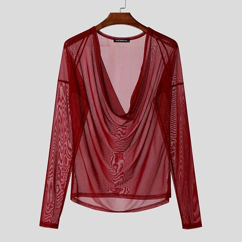 INCERUN Männer T Shirt Mesh Sehen Durch Sexy Langarm Casual Männlichen T Tops Party Nachtclub Streetwear Fashion Männer Kleidung S-5XL – Detail 8