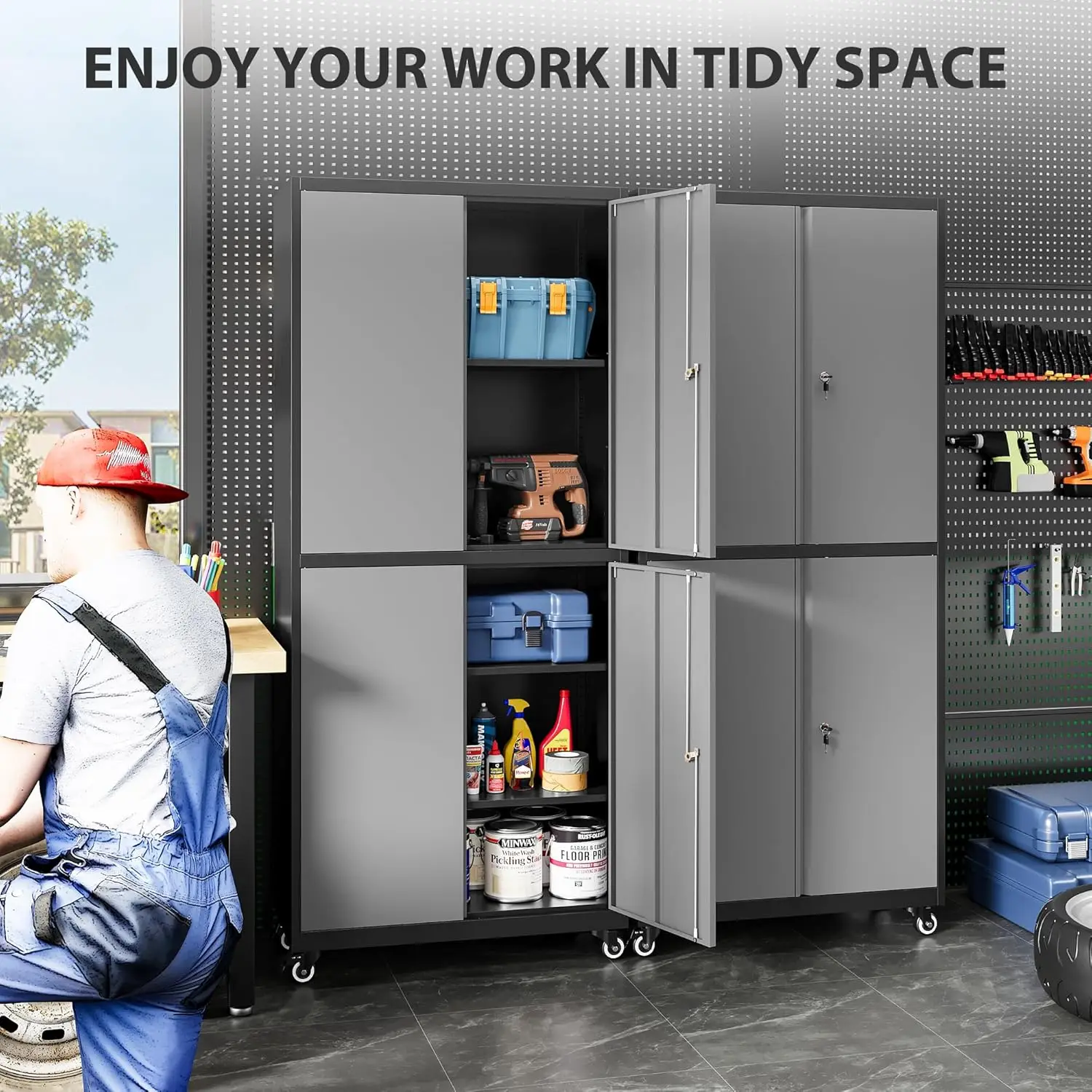 SISESOL Metal Storage Cabinet with Wheels Rolling Garage Tool Cabinet with Lock Gray Metal Shelves Home Office Shop 3