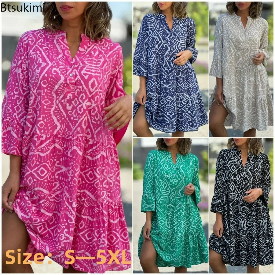 

New 2024 Women's Spring Summer Casual Dress Three Quarter Horn Sleeve Dress A-line Print Hem Bohemian Midi Fashion Dress Vestido