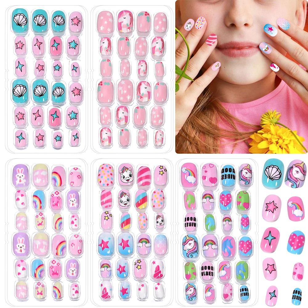 120pcs/box Fake Nails Pink Cartoon Children Press On Candy Color Unicorn Cat Bunny Full Cover Girls Party Nail Decoration