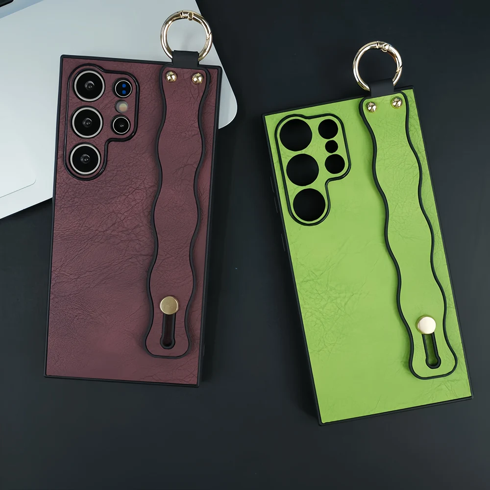 Luxury Wave Wrist Strap PU Leather Shockproof Case - Fashion Back Cover