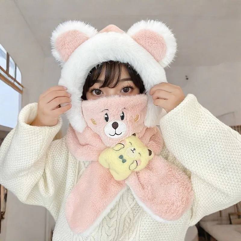 Winter Children One Piece Scarf Hat + Mask Cute Cartoon Baby Ear Protection Cap 1-6year Kids Plush Cross Neckerchief Warm Beanies kids knitted set