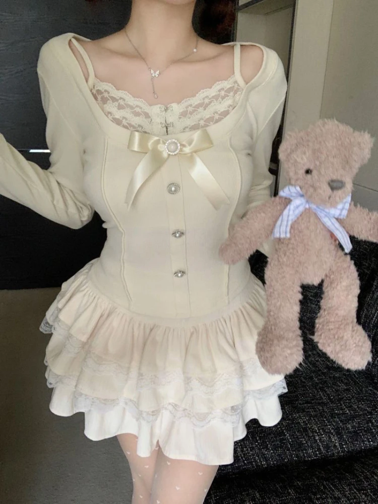 

QWEEK Y2k Coquette Kawaii Slim Crop T Shirt Women Sweet Cute Girls Lace Long Sleeve Tees 2024 Spring Summer Fashion