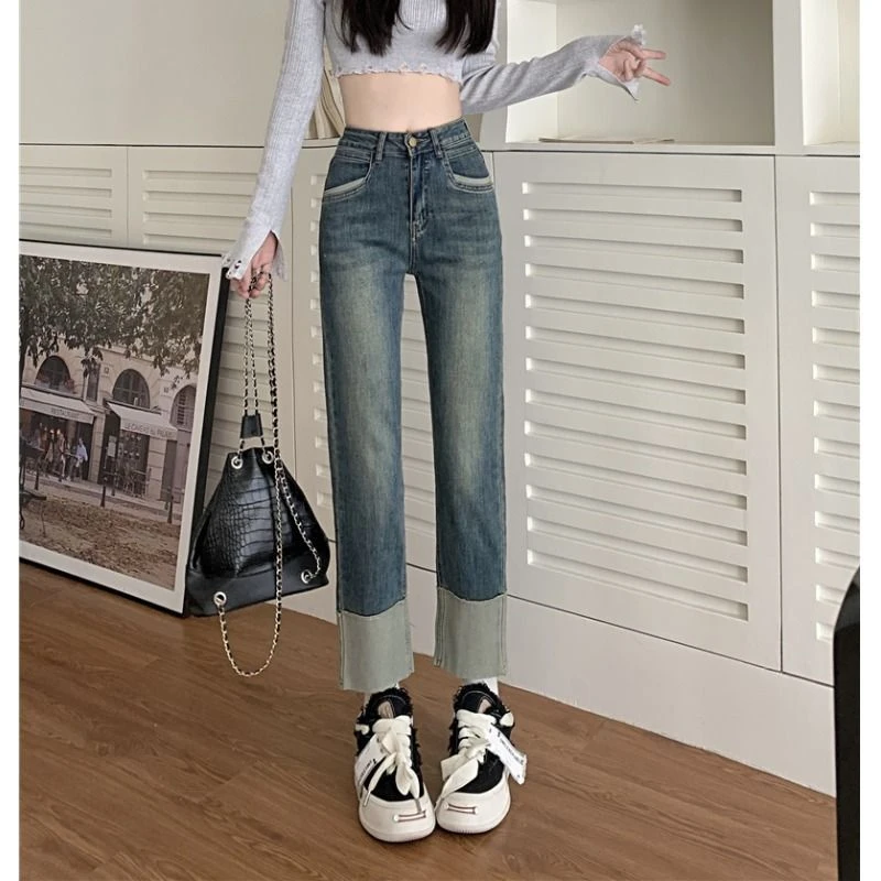 Spring 2024 new small high-waisted thin splicing loose narrow version of the American pipe straight jeans children