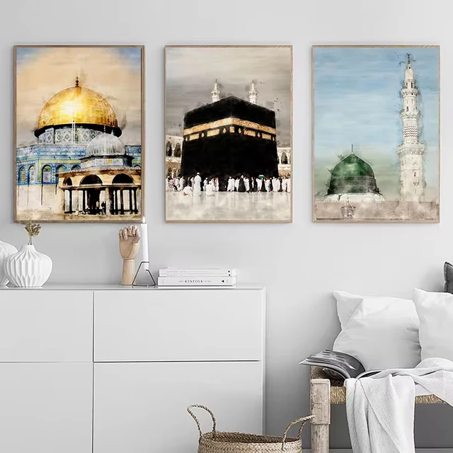 Al-Aqsa Mosque Kaaba Al Masjid An Nabwi Islamic Canvas Poster Watercolors Decorative Painting Modern Pictures Living Room Decor 1
