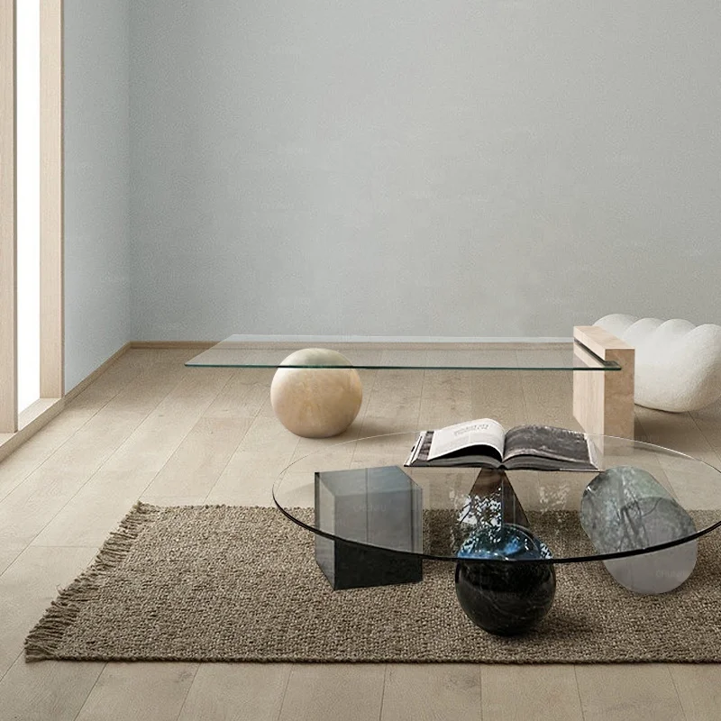 ODM Nordic Natural Marble Table Set Modern Light Luxury Simple Living Room Ottoman square Transparent Glass Coffee Table