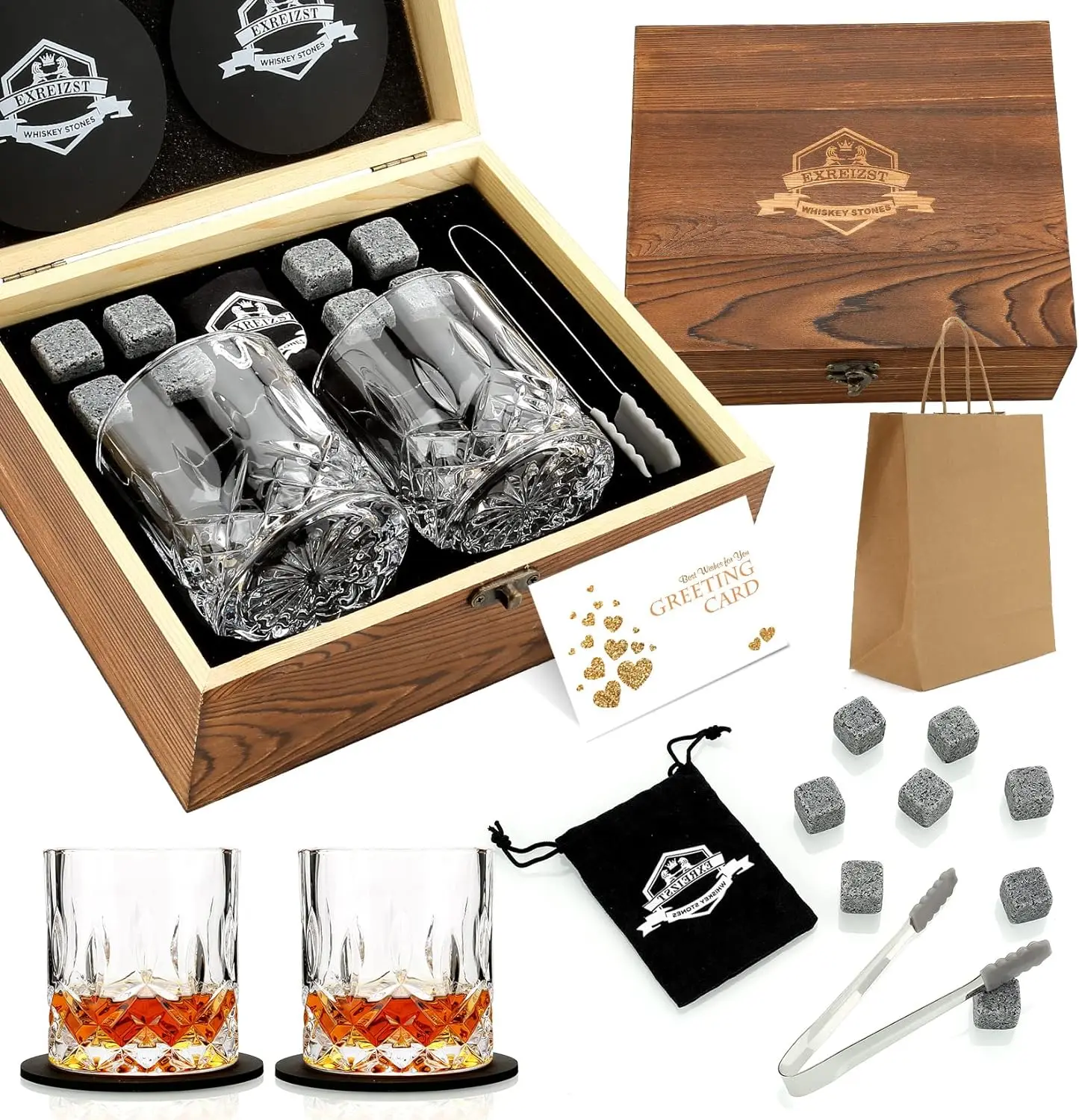 Whiskey Glass Set of 2 - Bourbon Glass & Stones Gift Includes  Old Fashioned Crystal Whisky Glasses, Chilling Stones, Slate Coasters -  Whiskey Glasses Set in Wooden Box - Birthday