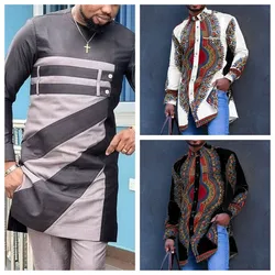 (Only Tops) 2023 New In African Clothing Style Printing Color Matching Fashion Casual Long-sleeved Round Neck Men's Long Shirt