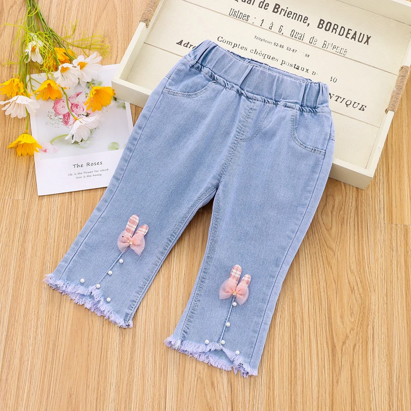 thumbnail image 1 of 7/10 Pants LengthSpring Autumn Children Jeans  Girls Cotton Print Splice Stretch Denim Pants Korean Teenage  Kids Clothing, 1 of 6
