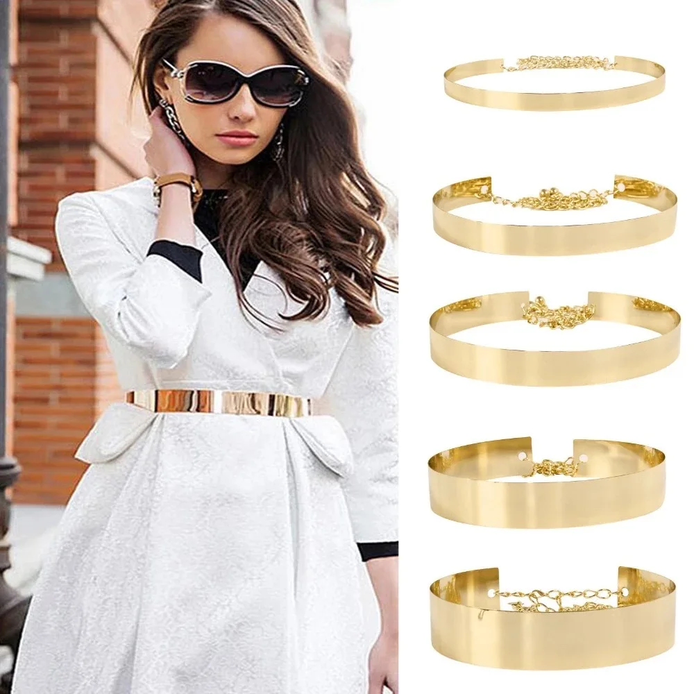 Women Fashion Adjustable Metal Belt Gold Silver Wide Bling Plate