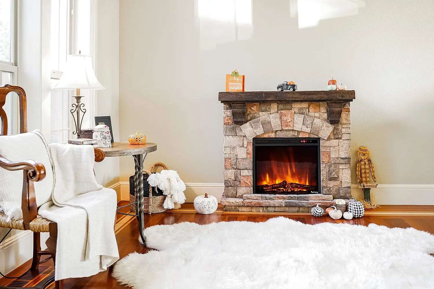 Alpine LED Electric Fireplace Stove with Faux Wood and Stone Mantel - Remote - 3D Log and Fire 11.6"D X 44.9"W X 40.2"H 4